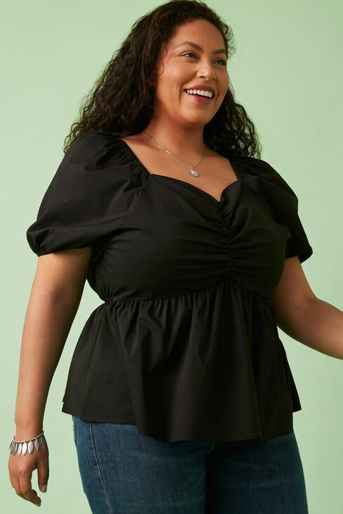 Hayden Tops - HAYDEN Destiny Plus Black Shirred Puff Sleeve Sweetheart Top Plus 1XL NEW
